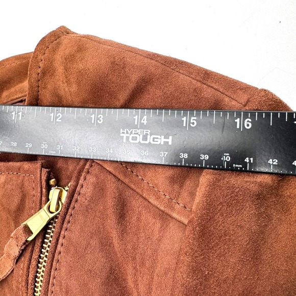 TALBOTS Women's 12 Brown Goat Suede Leather Asymmetrical Zip Pockets Moto Jacket - Picture 7 of 9